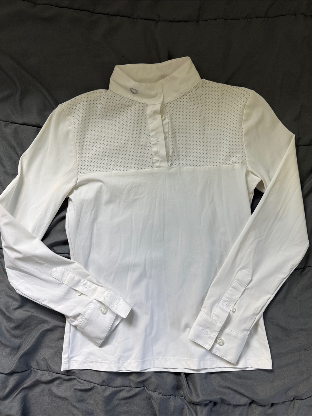 Girls White Long-Sleeve Blouse with Perforated Yoke